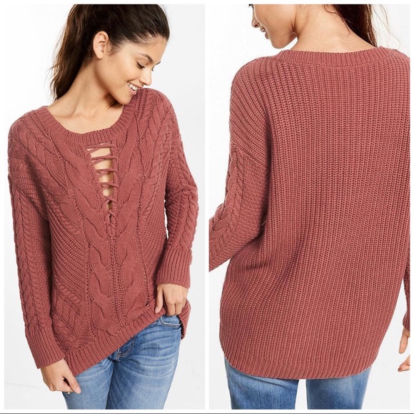 Express Sweaters - EXPRESS | CABLE KNIT LATTICE OVERSIZED MAUVE SWEATER